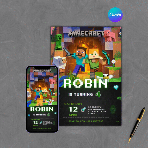 Thumb 1 Editable Minecraft Birthday Invitation β Editable Canva Gamer Party Invite β Pixel Block Theme
