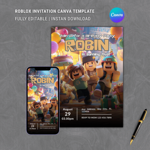 Thumb 1 ROBLOX V2 Birthday Party Invitation | Editable & Printable | Canva Template | Instan Download