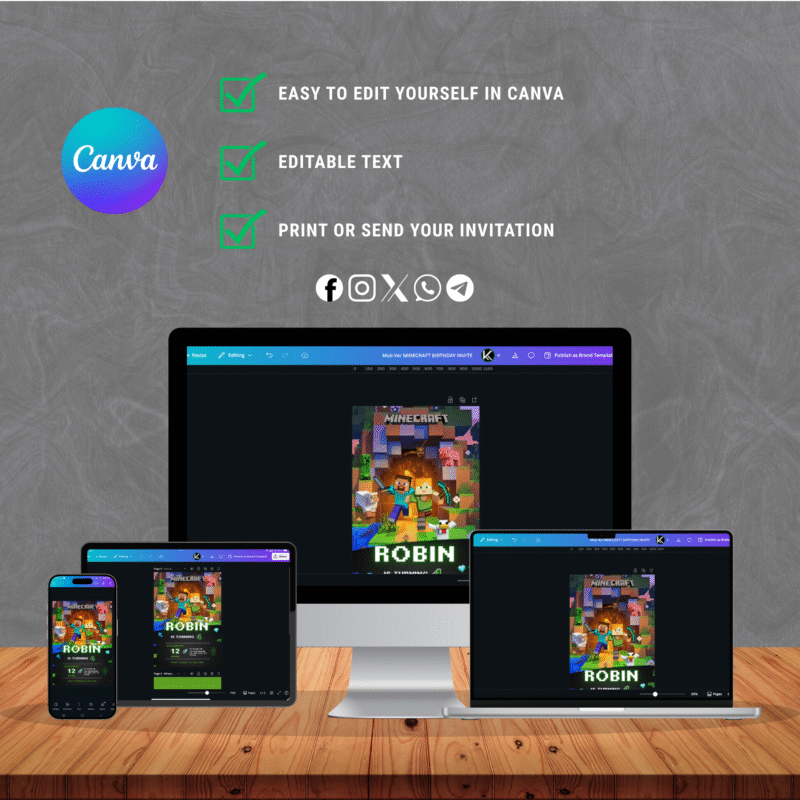 Editable Minecraft Birthday Invitation – Editable Canva Gamer Party Invite – Pixel Block Theme
