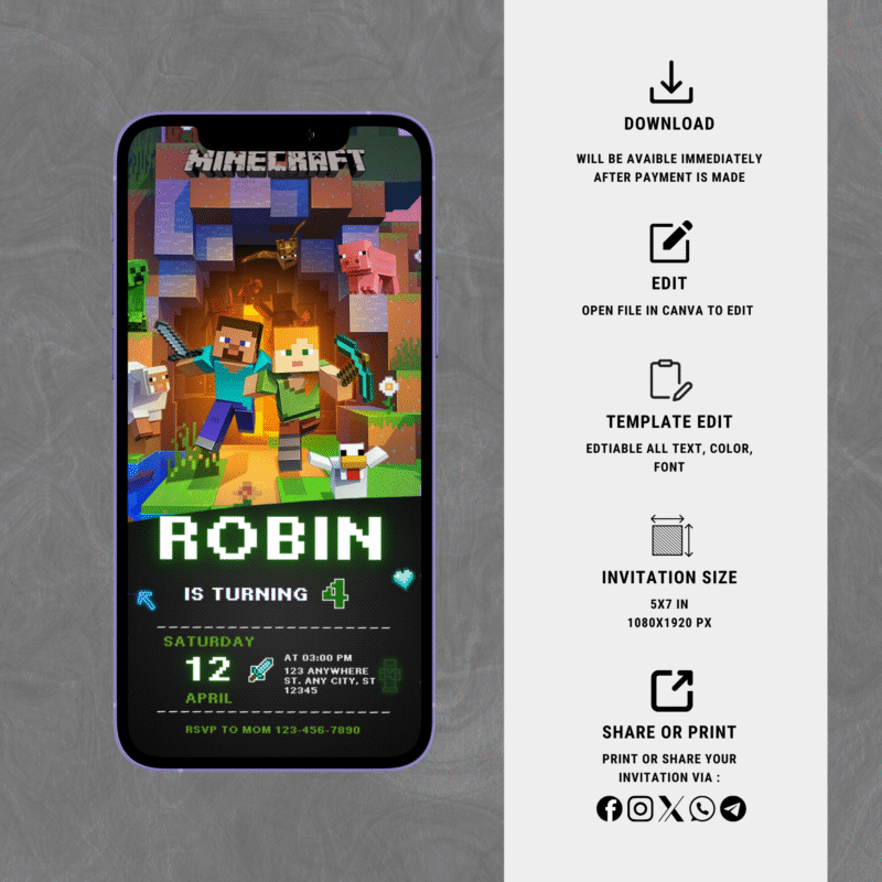 Editable Minecraft Birthday Invitation – Editable Canva Gamer Party Invite – Pixel Block Theme