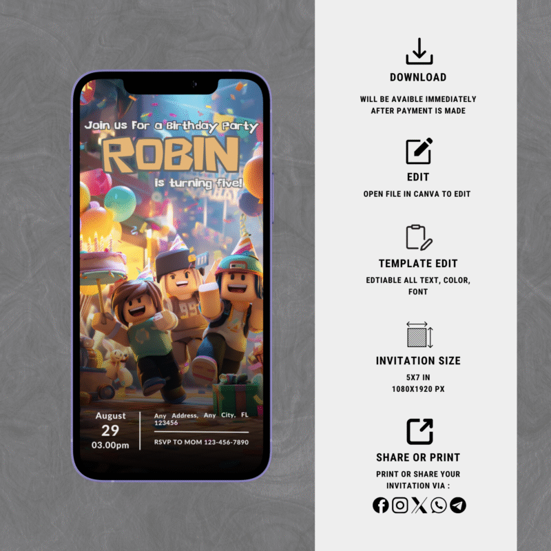 ROBLOX V2 Birthday Party Invitation | Editable & Printable | Canva Template | Instan Download