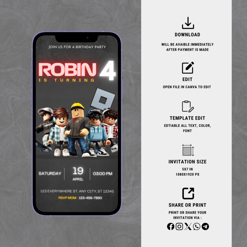 Thumb 4 Editable Roblox Birthday Invitation – Video Game Party Invite – Gaming Theme – Printable Template